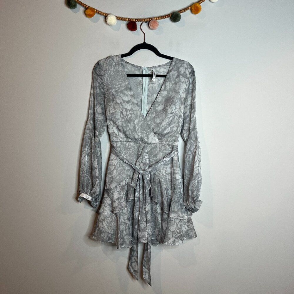 Saints & Secrets grey and white flouncy chiffon dress